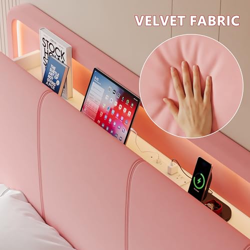 Image of Feonase Queen Upholstered Bed Frame with Headboard and 2 Storage Drawers, Built-in Charging Station, Velvet Platform LED Bed with Solid Wood Slat Support, No Box Spring Needed, Pink