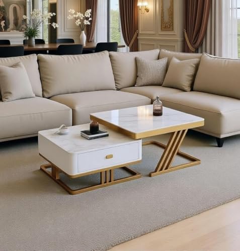 Image of Two Square Stacking Nesting Coffee Tables with Metal Frames, Wooden Tops, and Handcrafted Drawers Contemporary Centre Couch Table for Living Rooms Bedrooms, & Apartments (G Wht)