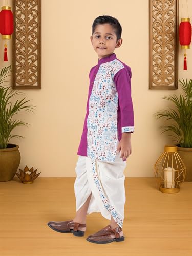 Image of Kids Ethnic Wear - Stylish Half Printed & Vibrant Color Pure Cotton Kurta with Elastic Waist Dhoti Set for Boys