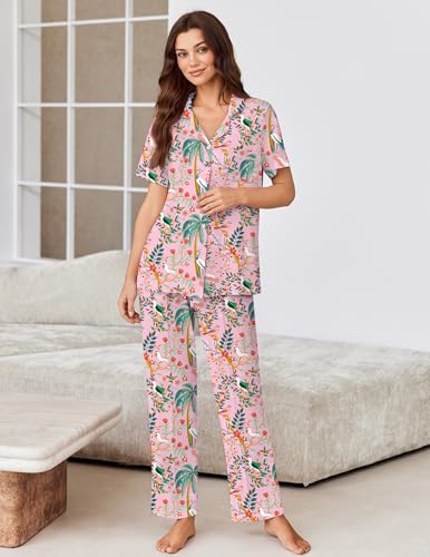 Image of Ekouaer Pajamas for Women Set Button Up Short Sleeve Pjs Sets With Pockets | Soft Womens Sleepwear,V Neck,Notch Collar,2 Piece Classic Loungewear With Long Pant for Sleep,Lounge,Fall