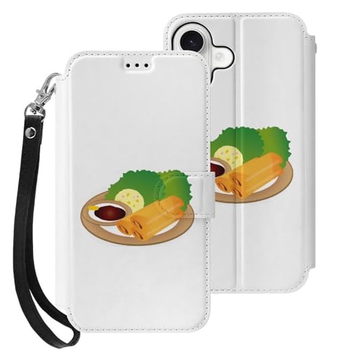 iPhone17用ケース カバー 手帳型 お皿に盛られた春巻き アイフォン17カード収納 ストラップ付き 落下防止 横置きスタンド機能 全面保護 Case