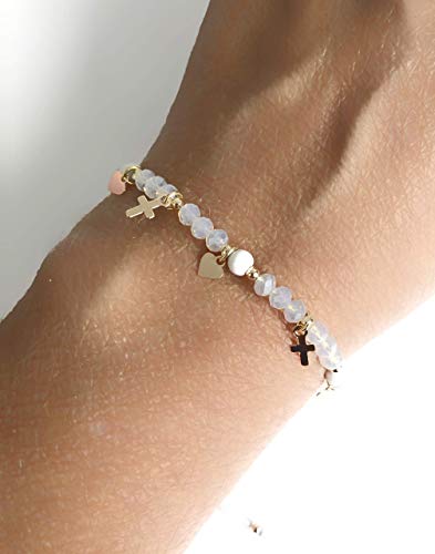 Sifrimania Cross Charm Bracelet Beaded White Crystal Catholic Gift For Women Or Girls thumb #5