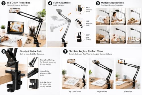 Image of Adjustable Overhead Mobile Holder Stand for Smartphones & Tablets, Metal Arm with 360 Rotation, Anti-Slip Clamp, Flexible Desk Mount for Video Recording, Live Online Classes & Video Calls