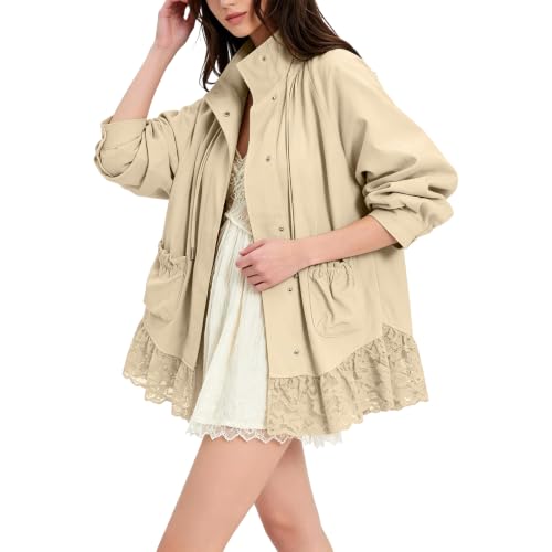 Jackets for Women Windbreaker Lace Trim Lightweight Casual Funnel Neck Coat - image 5