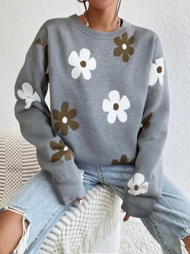 Sweaters for Women Floral Print Pullover Top Knit Sweater Crewneck Long Sleeve Shirts Cute Fall Winter Outfits4