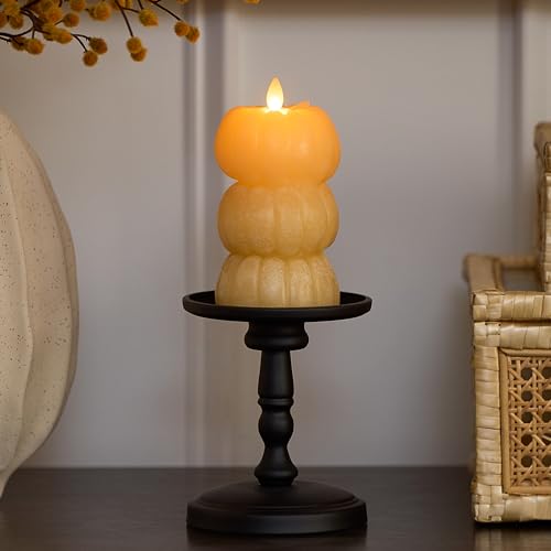 Image of Luminara Chalky Stacked Pumpkins Figural Flameless Flickering Moving Flame LED Candle (3.1 inch x 6 inch), Chalky Finish Real Unscented Wax, Time Function (Golden Husk)