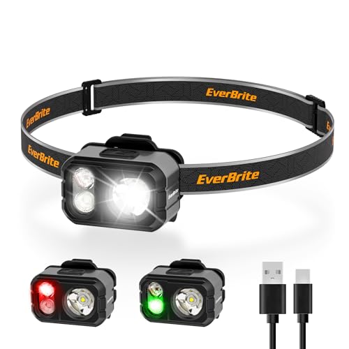 EverBrite 400LM Rechargeable Headlamp, 1.59 oz Lightweight & Comfortable Head Lamp with Hat Clip, IP67 Waterproof, White/Red/Green Light, 7 Modes for Running, Camping and Backpacking-Grey