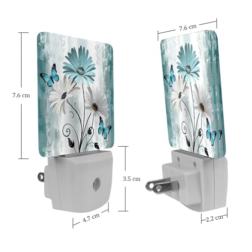 Image of Farm Teal Daisy Butterfly on Country Wooden Night Light [2 Pack], Plug in Wall Led Night Lights Decor for Boys Girls Room, Dusk to Dawn Sensor Wall Lamp for Stairway /Bedroom /Kitchen /Nursery Room