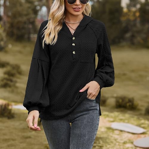 Pulôver feminino com gola de botão grande e gola em V, lanterna, manga comprida, moletom com capuz e