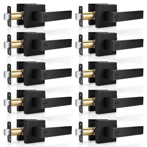 Hasmikit 10 Pack Matte Black Door Handles Privacy Door Levers, Heavy Duty Bed and Bath Door Locks Interior Door Knobs, Reversible Keyless Flat Levers with Square Rosette