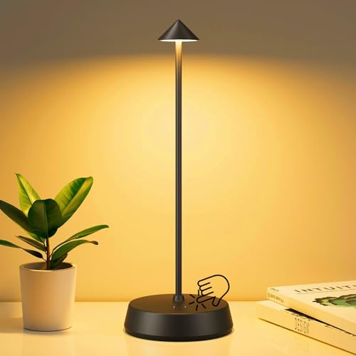 Cordless Table Lamp Rechargeable, 6000mAh Portable LED Battery Operated Touch Lamp Bedside Stepless Dimmable Bedroom for Living Room IP54 Waterproof- Black