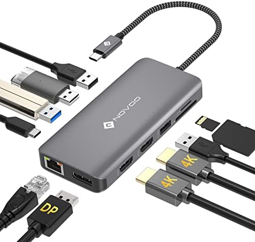 NOVOO 11 in 1 Stacja dokująca, Hub USB C 4K @ 60Hz, potrójny wyświetlacz USB C hub 2 Adapter HDMI 4K Multiport Hub do laptopa USB C do Ethernet Display Port 100W PD SD/TF 4 USB do Dell HP Surface
