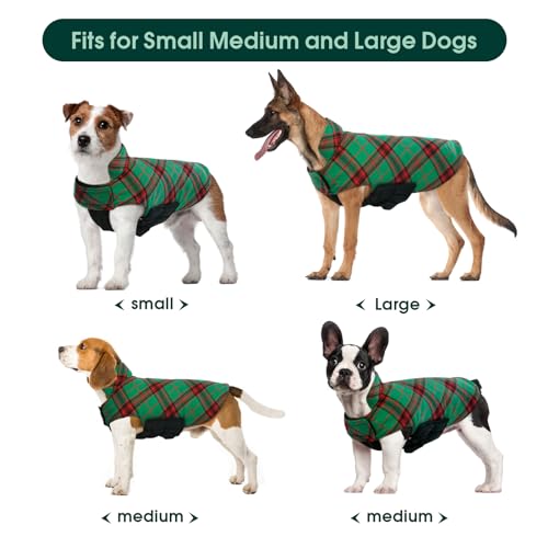 Image of Kuoser Waterproof Dog Coat, Warm Reversible Dog Jacket with Leash Hole | Soft Cozy Dog Cold Weather Coats for Rainy Snow Days, Lightweight Jacket for Small Dogs, Xmas Dogs Snowsuit Xmas Green S