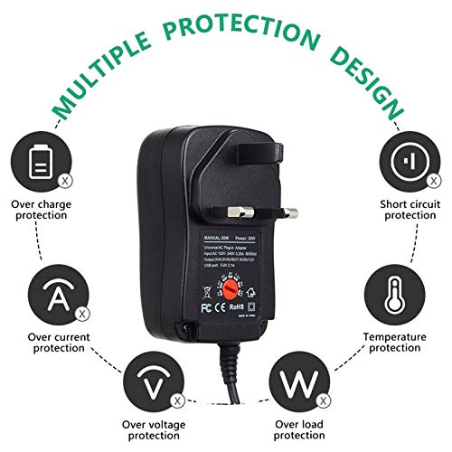 مصدر طاقة يونيفرسال 30 واط بتيار متردد مستمر مع 8 مقابس تحويل لـ 3 4.5 5 6 7.5 9 12 فولت للاستخدامات المنزلية شريط ليد - تيار اقصى 2000 ميلي امبير يو اس بي مايكرو من سيبا