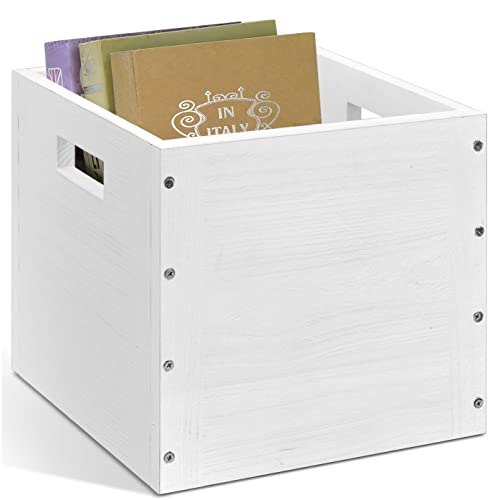 Wood Decorative Storage Cube Boxes With Handles, Rustic White Large Storage Baskets For Shelves, Stackable Cube Containers Organizing Bins For Toy, Clothes, Books, Office, 11” X 11” X 11” #TOP12