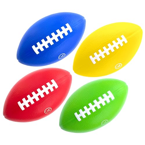 LMC Products Kids Football 4 Pack - 7.25” Foam Footballs - Soft, Small Football - Colorful Mini Ball for Kids - Includes Green, Yellow, Blue, and Red