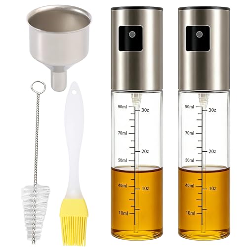 Oil Spray Bottle, 2 Pack Stainless Steel Oil Sprayer for Cooking with 3 Accessories, 18.3×4.3×4.3cm Oils Spray Bottle, 3.9×5cm Funnel, Olive Oils Sprays Bottle for Kitchen