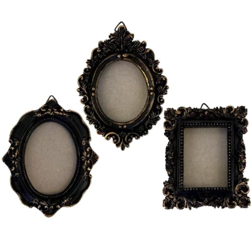 Image of Vintage Decorative Mini Picture Frames Set, Black with Gold Accents, 3 Pack Antique Style Resin Photo Frames for Wall Display, DIY Jewelry, Photography (Black gold)