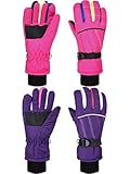Hicarer 2 Pairs Kids Waterproof Winter Snow Gloves for Boys Girls Child Toddler Warm Ski Gloves for Cold Weather (Purple and Pink Stripe Style, 8-14 Years)