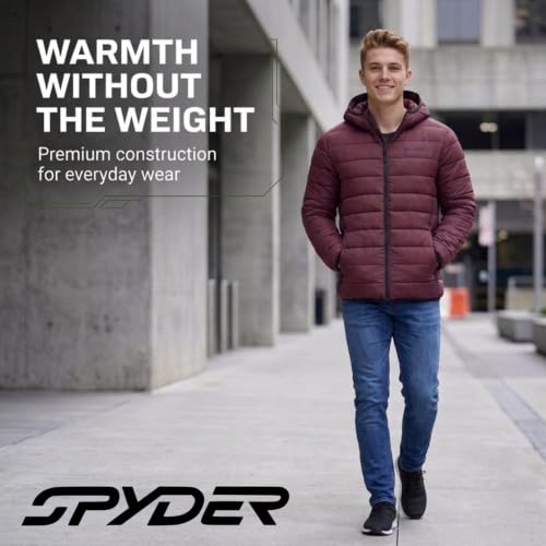 Image of Spyder Puffer Jacket Men - Packable Lightweight Quilted Hooded Winter Coat | Soft-touch insulation, packs into inner zip pocket, reversed coil zipper, zippered hand pockets