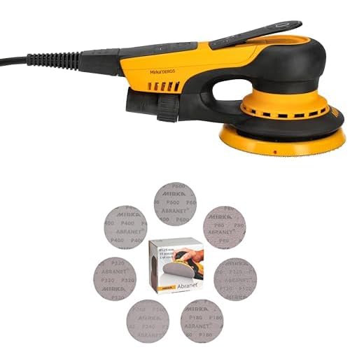 Mirka DEROS II 550 Lijadora orbital aleatoria con aspiración de polvo para lijas de Ø 125mm / carrera 2,5mm + Mirka Abranet discos de lija de malla Ø 125 mm cierre adhesivo/Mix-Pack 5 de cada grano