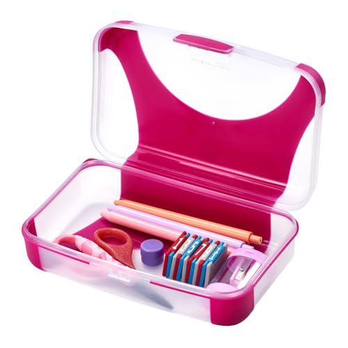 Image of LockerMate by Bostitch Hard Pencil Case, Durable Plastic Pencil Box, Kid-Friendly Design, Fuchsia & Clear