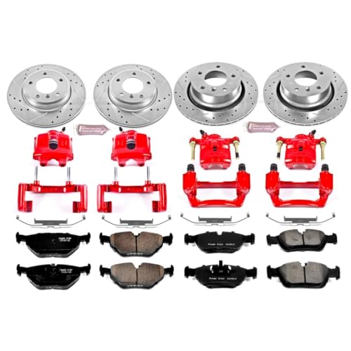 Image of PowerStop Front and Rear Brake & Caliper Kit for BMW Z4 2003-08 - Carbon-Fiber Ceramic Brake Pads + Drilled & Slotted Rotors + Red Powder Coated Calipers, KC873