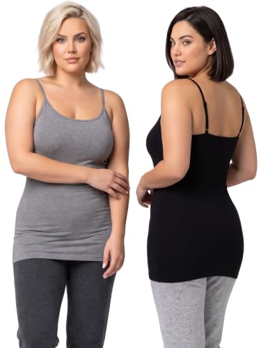Image of Women's Long Cotton Camisole Spaghetti Strap Tank Top | 95% Cotton 5% Spandex Longline Basic Cami Undershirt with Adjustable Straps