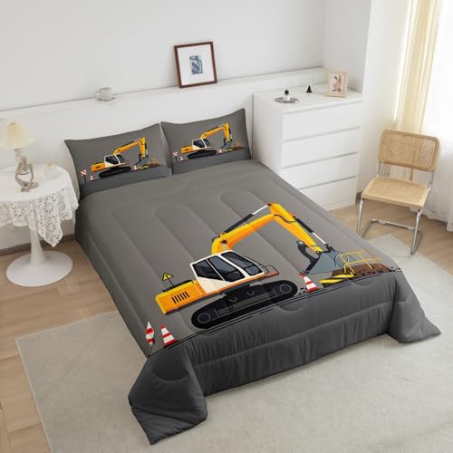 Image of Feelyou Excavator Comforter Set Boys Cute Vehicles Truck Car Print Bedding Set Kids Cartoon Machinery Cars Comforter for Children Teens Room Decor Construction Site Duvet Set Twin Size