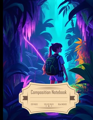 Composition Notebook College Ruled: 2D Animated Hyperrealstick Jungle Picture with Exploring Girl, Neon Sky, and Nature, Size 8.5x11 Inches, 120 Pages