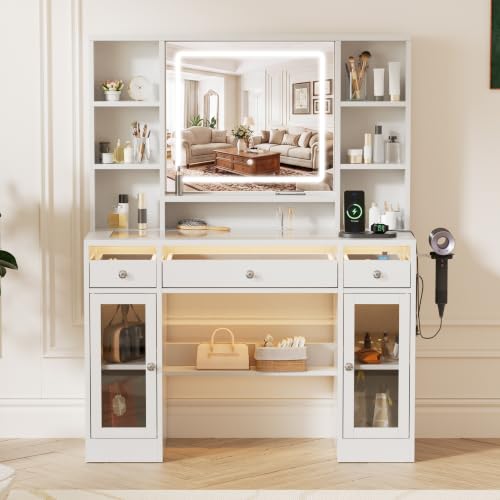 Image of LIVELYGLOW 43.3 inch White Large Makeup Vanity Desk with Glass Top & RGB Lights