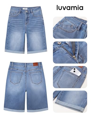 Image of luvamia Bermuda Jean Shorts Women High Rise Stretchy Cuffed Hem Denim Jorts