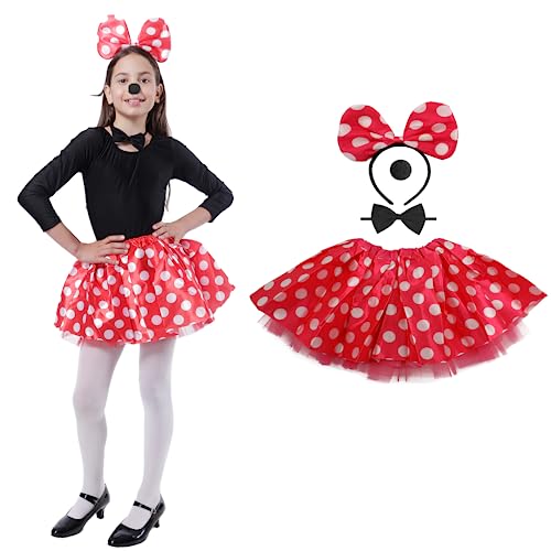Conjunto de Disfraz Minnie Mouse con Orejas Minnie Mouse de Lazo con Lunares Pajarita y Nariz para Carnaval Halloween y Fiesta Cosplay de Animales Minnie, 4pcs (40CM, ROJO BLANCO)
