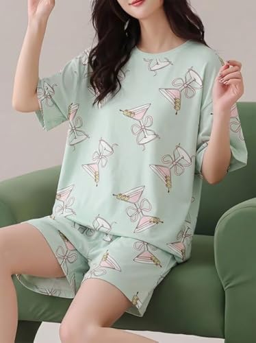 Image of Korean Night Dress |Shorts Set |Round Neck Half Sleeve Nightsuit |Premium Cotton Blend Stylish Digital Printed Pajama Co-ords |Matching 2 Piece Sleepwear Nightwear Cute Pjs |Casual Lounge Sets