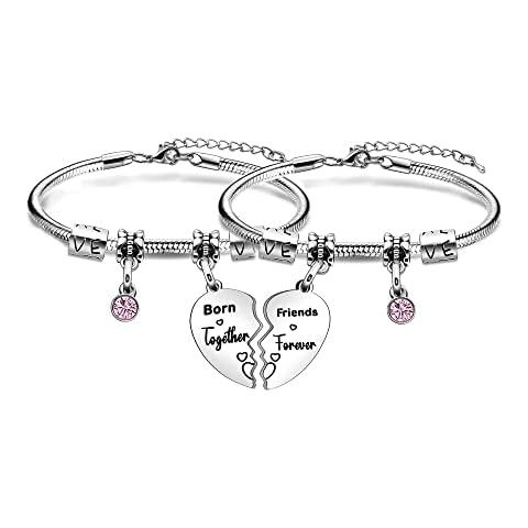 Twin Sister Birthday Gift - Born Together Friends Forever Bracelet for Sister Matching Heart Bracelet Set Sisters BFF Birthday Gift Charm Bracelet (Crystal) Cover