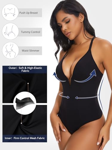 SHAPERIN Bodysuit for Women Shapewear Tummy Control Deep V Neck Plunge Sleeveless Backless Thong Body Suit Tank Top4