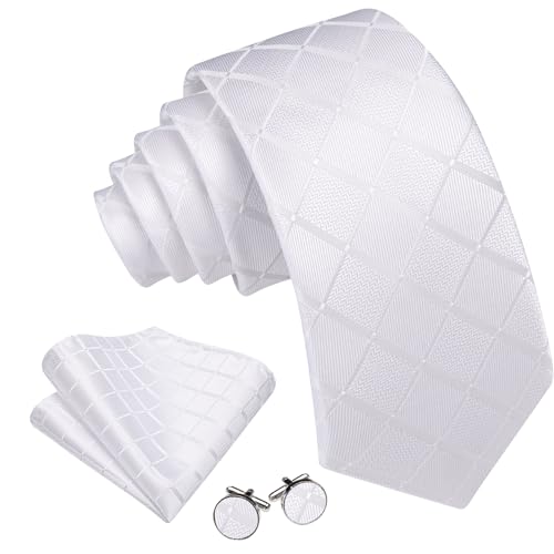 Image of Barry.Wang Plaid Ties Check Mens Necktie Set with Handkerchief Cufflinks Classic Stripe, White Solid