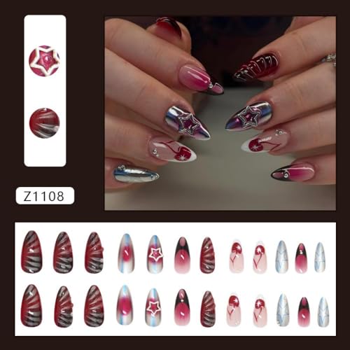 Image of Press on Nails Medium Almond Fake Nails Star Nail Press ons Ombre Glue on Nails Ripple False Nail with Metal Design Glossy Full Cover Artificial Acrylic Stick on Nail foe Women Girls Manicure 24Pcs
