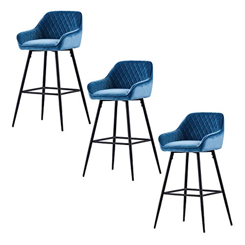 AINPECCA Lot de 3 tabourets de bar en velours avec dossier et accoudoirs Pieds en métal noir pour cuisine et petit déjeuner (velours sarcelle, 3 pièces) Cover