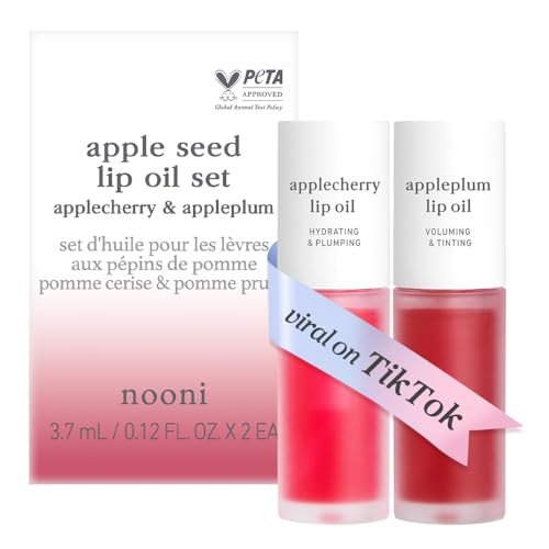 Image of NOONI Vegan Appleseed Lip Oil Set - Applecherry & Appleplum | Long-Lasting, Moisturizing, Plumping, Revitalizing for Dry Lips, Waterproof, No Peel Off, Korean Tint, 0.12 FL Oz x 2ea