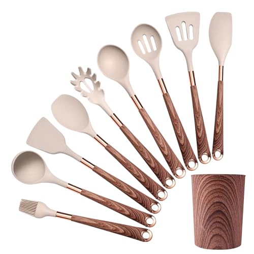 Utens&iacute;lios Para Cozinha 10 Pe&ccedil;as, de Silicone, Cabo com Textura de Madeira e Detalhe em Ouro...