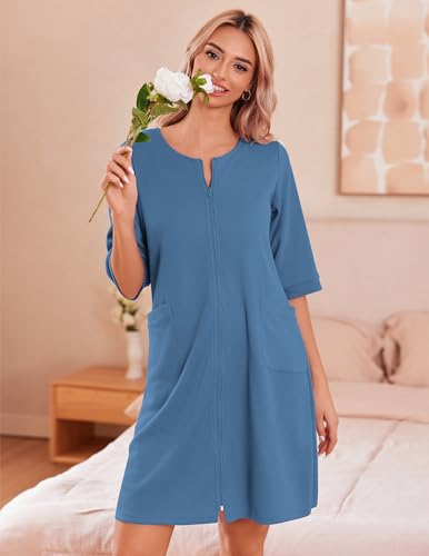 Image of Ekouaer Zip Up Robes for Women Short Waffle Bathrobe Lightweight house coat 3 /4 Sleeve Soft Nightgown with Pockets S-3XL