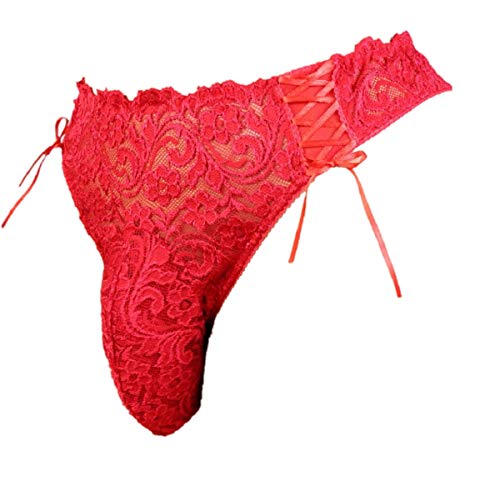 aishani Men's Silky Lace Thong Pouch Panties Briefs Bikini Underwear,5X-L Red