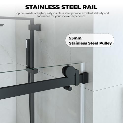 Image of GarveeTech 44-48 inch W x 76 inch H Frameless Sliding Shower Door,5 /16 inch Thick Tempered Clear Glass with Explosion-Proof Film,Easy-to-Clean Coating,Handle and Seal Strip, Matte Black