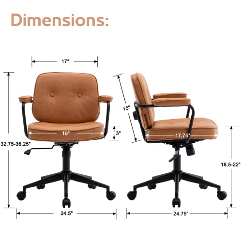 Lukealon Adjustable Pu Leather Office Chair, Comfy 360° Swivel Task Chair With Armrest Modern Thickened Seat Desk Chair Tiltable Computer Chair With Button Tufted For Home Office, Light Brown #TOP1