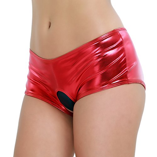 CHICTRY Women's Wet Look Faux Leather Underwear Open Crotch Mini Booty Panties Red Medium(Waist:27.5-39.0
