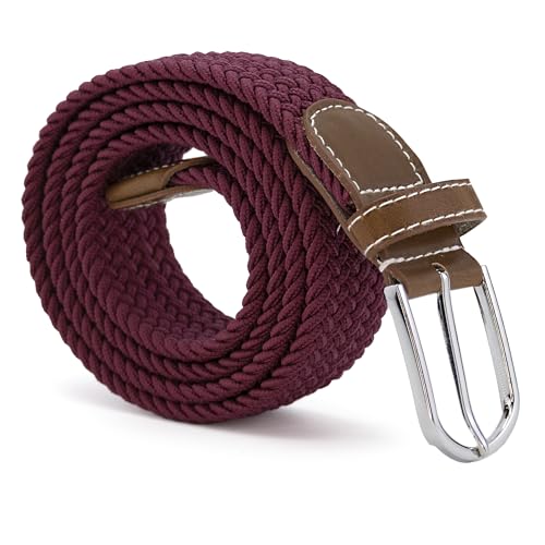 Cinturón trenzado extensible y elástico, Cinturón de tela elástica trenzada, Cinturón de tejido elástico, Cinturón ajustable trenzado, Ajuste flexible, Color burdeos, 110 cm