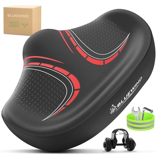 BLUEWIND New Noseless Oversized Bike Seat, Wide Bicycle Saddle Novel Backrest Design for Electric Bike, Universal Fit Exercise Bike or Road Stationary Bike Seat Cushion for Men & Women