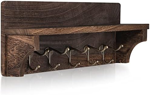 Rustic Coat Hooks with Shelf Wall Mounted, Wood Wall Hanging Entryway Shelf with 5 Dual Metal Hooks, Wall-Mounted Coat Rack for Your Entryway, Kitchen, Bathroom