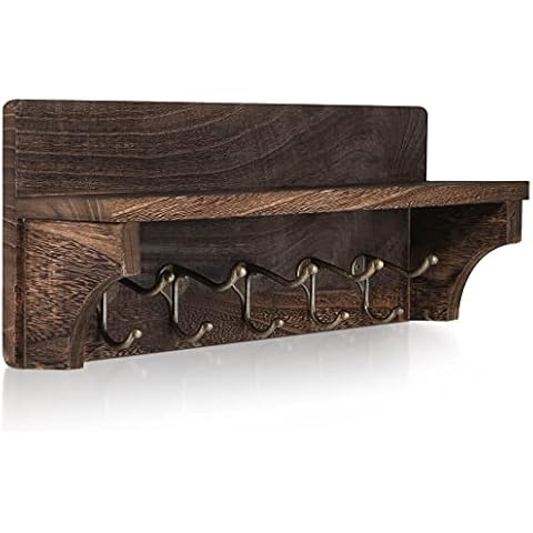 RJMKD Wood Coat Rack Shelf, 5 Dual Metal Hooks, Rustic Wall-Mounted Storage for Entryway, Kitchen, Bathroom Cover
